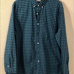 Men’s Sewn For J CREW Tartan Plaid Button Front Shirt Navy Green 100% Cotton L